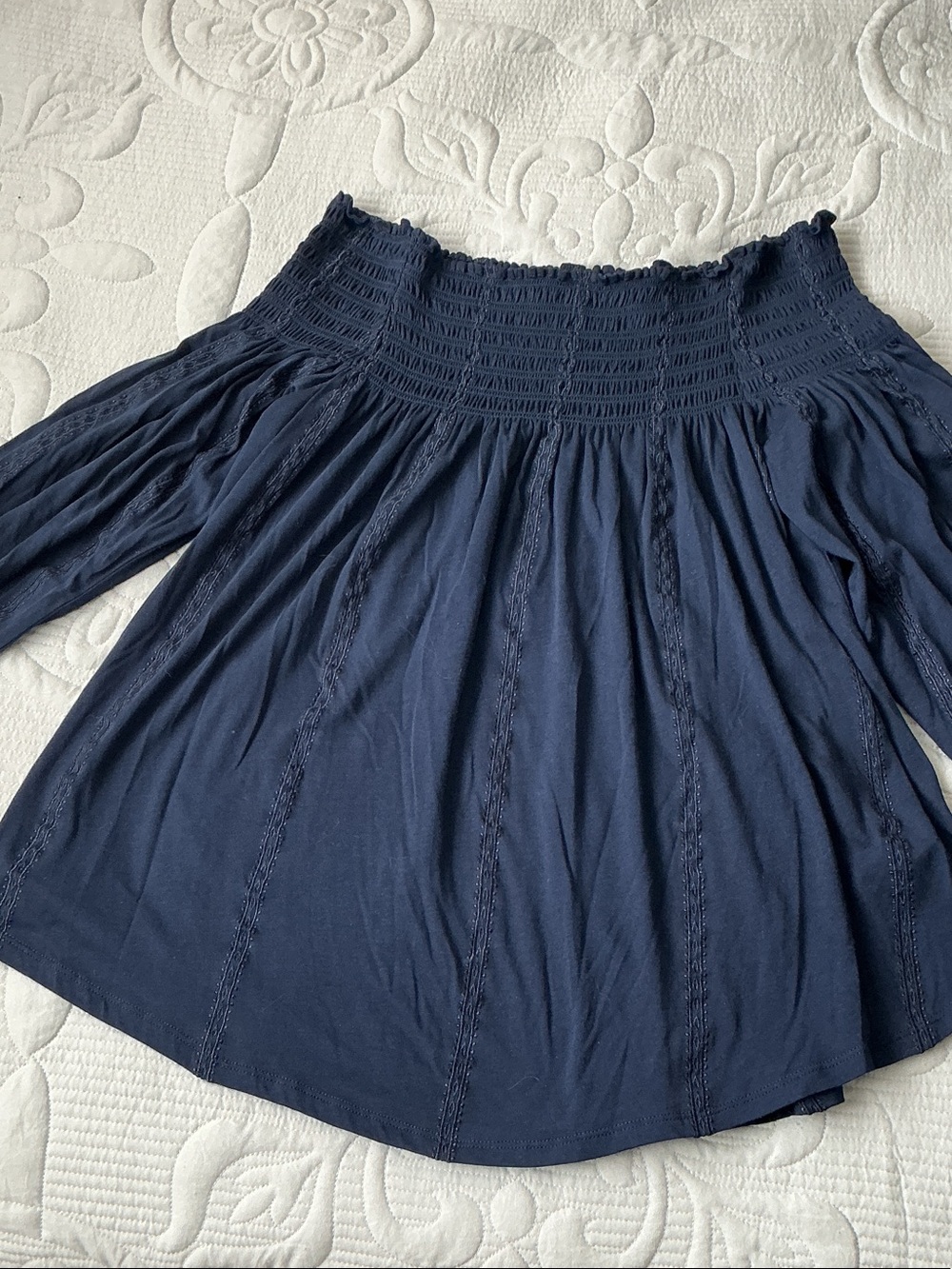Lauren Ralph Lauren Smocked Off-Shoulder Navy Peasant Blouse  NWOT